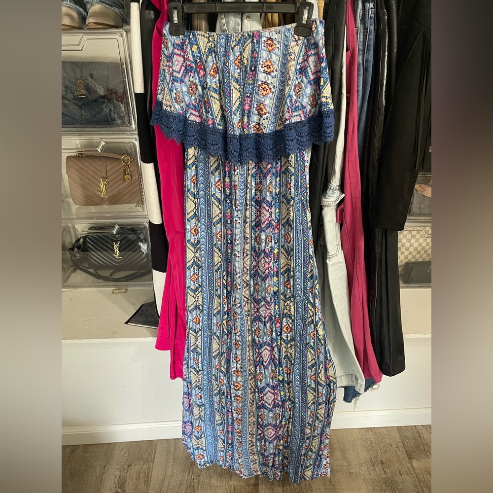 Forever 21 blue printed strapless maxi size small